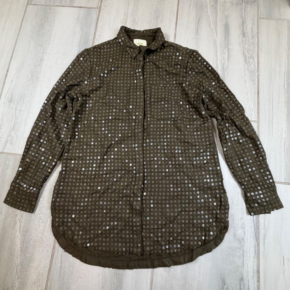Maeve Anthropologie Sequin Button Down Shirt Olive Green Rayon Long Sleeve Small